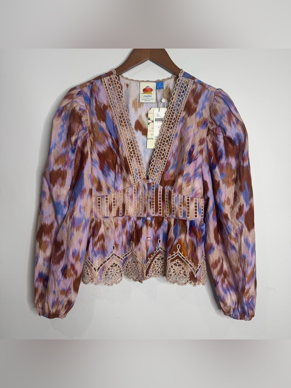 NWT Farm Rio Purple Long Sleeve Tiered Balloon Sleeve Blouse Medium 100% Cotton